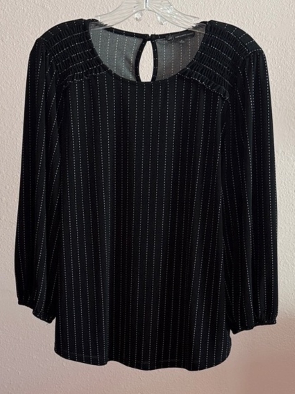 Adrianna Papell Black Pinstripe Keyhole Blouse